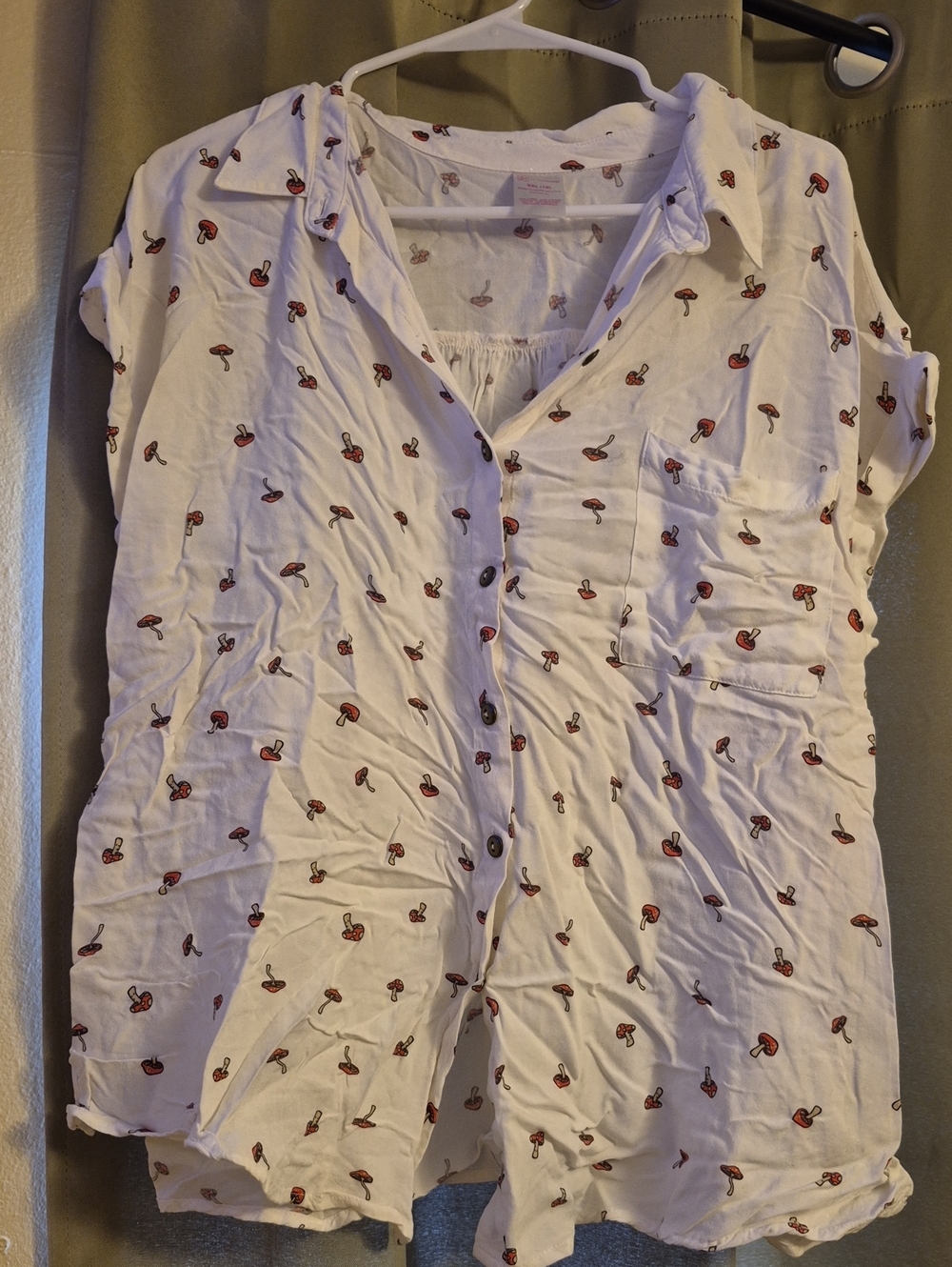 No Boundaries White Shirt with Small Red Mushroom Print